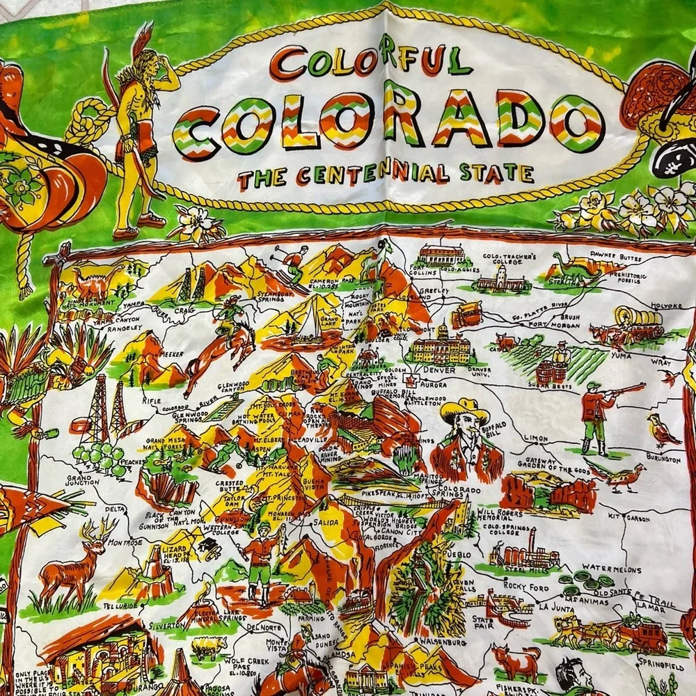 Vintage Colorful Colorado Centennial Souvenir Silk Scarf Picture Map Green